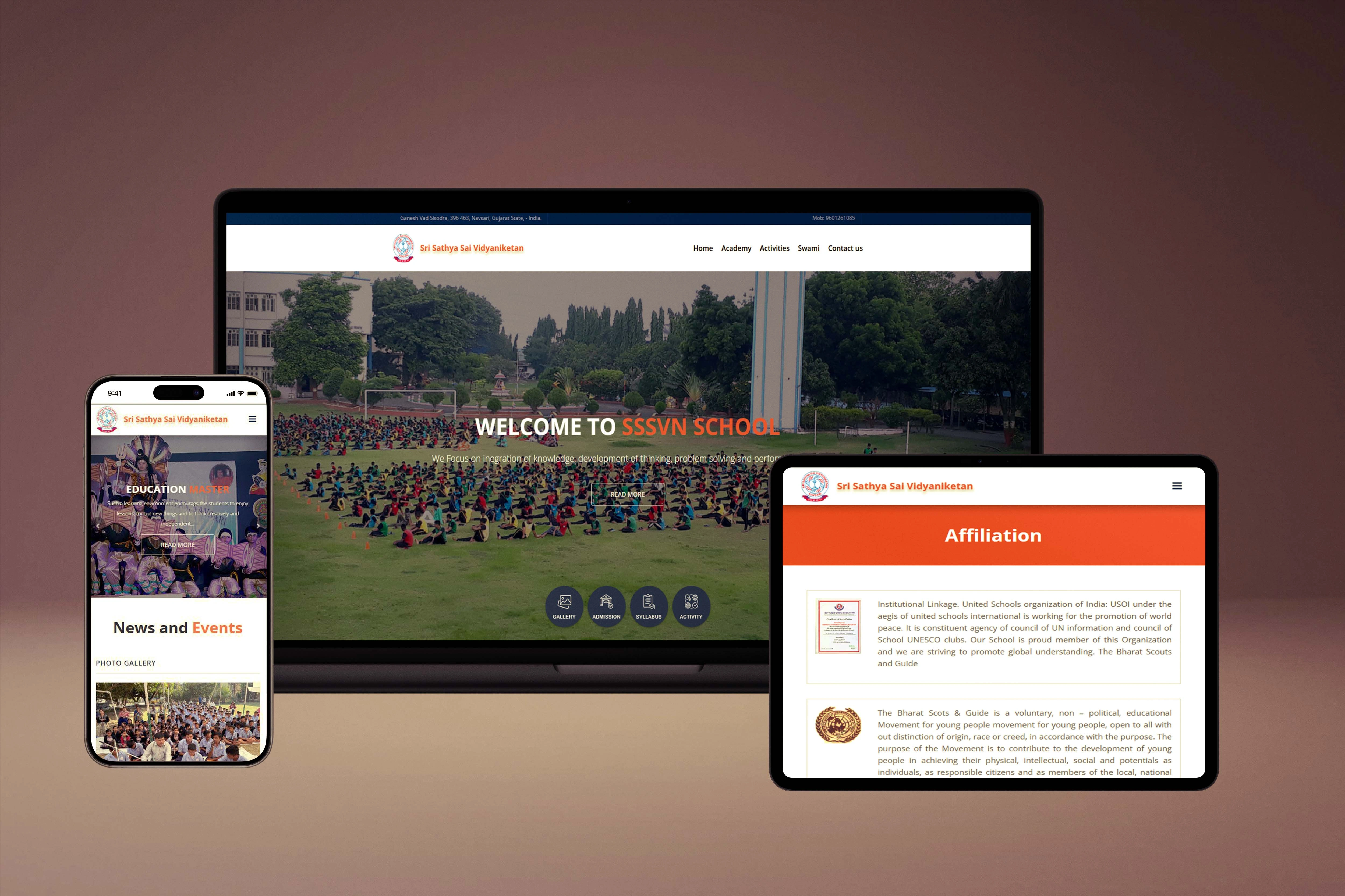 SSSVN School responsive website layout displayed on laptop, tablet, and smartphone