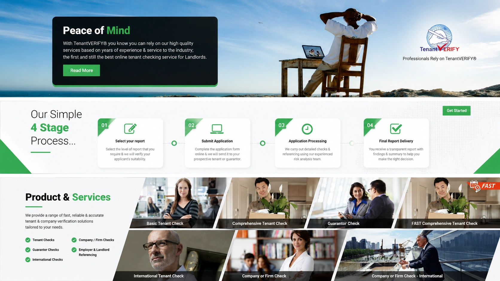 TenantVerify responsive website layout displayed on laptop, tablet, and smartphone