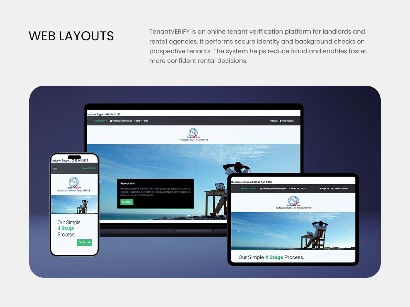 TenantVerify responsive website layout displayed on laptop, tablet, and smartphone