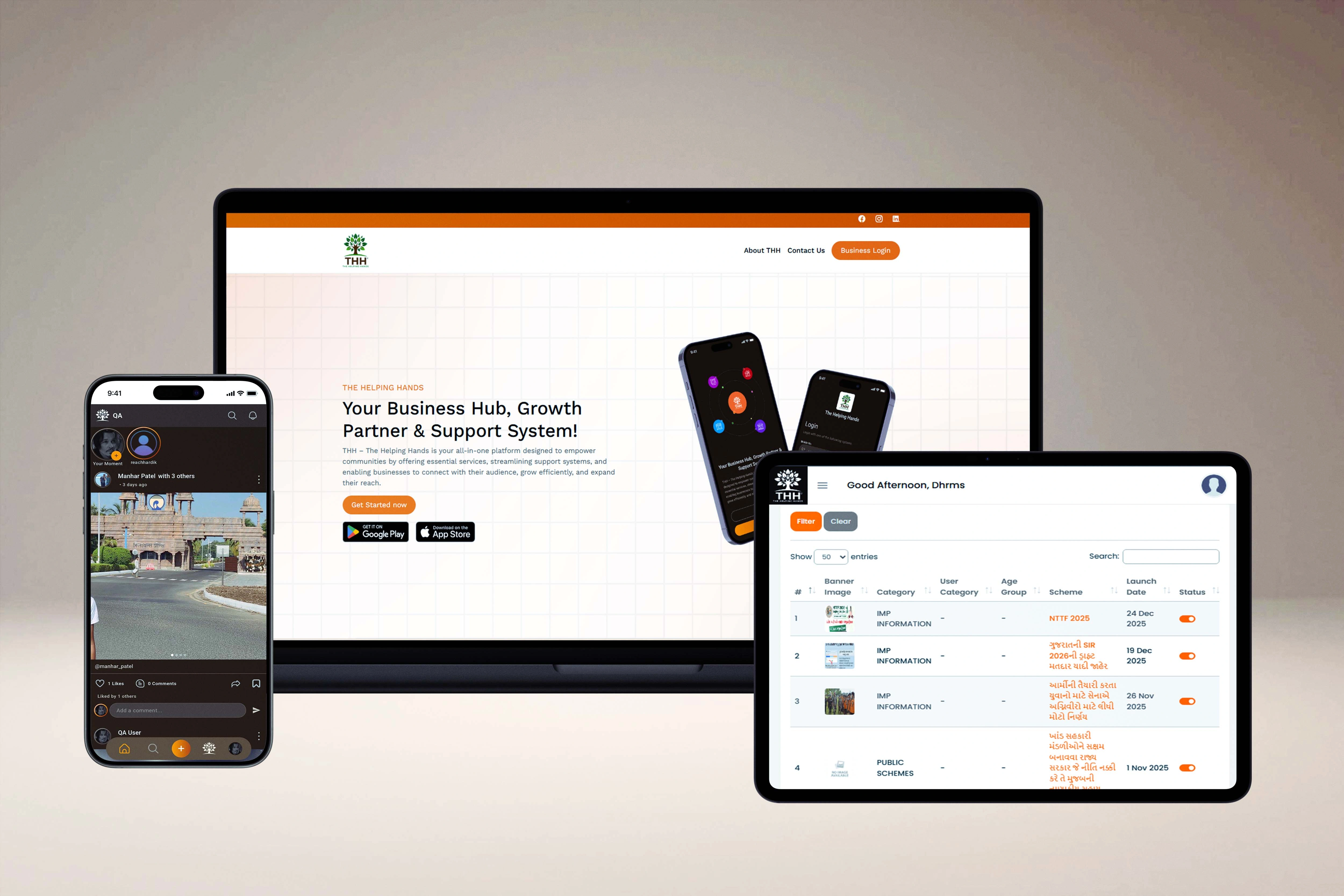 THH social networking feed showing user shared moments, images, likes, and comment layout
